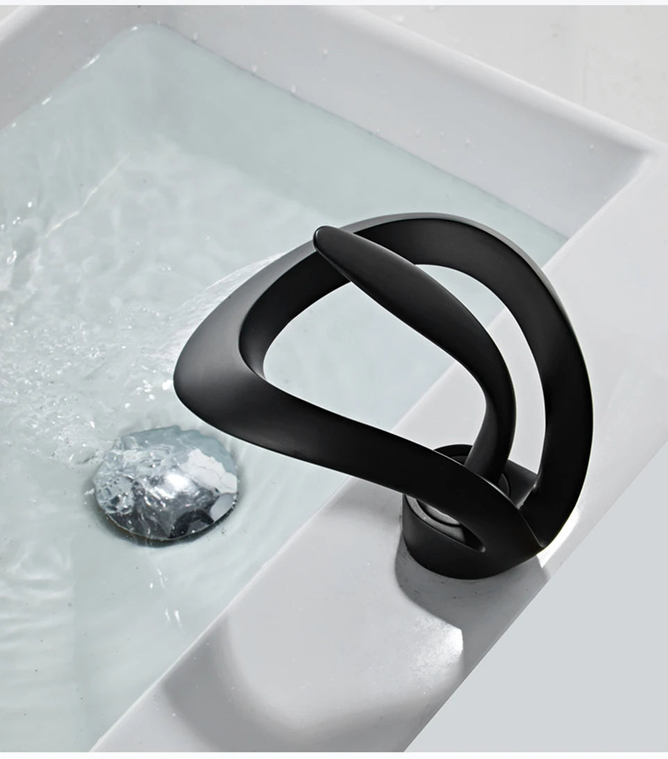 Creative Matte Golden Bathroom Basin Faucet Black Waterfall Vessel Sink Faucet Brass Vanity Sink Mixer Tap Hot Cold Basin Faucet