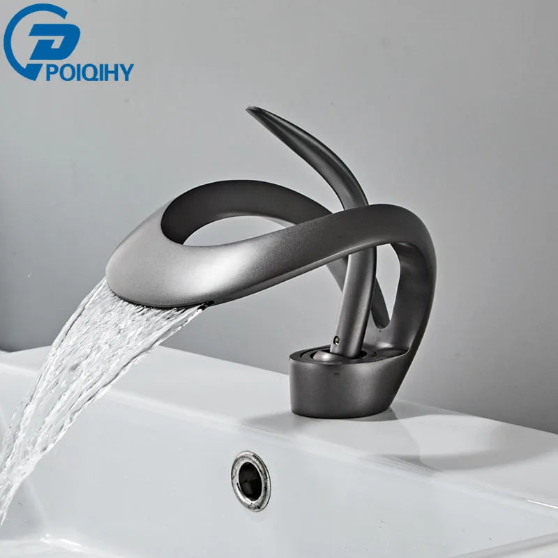 Creative Matte Golden Bathroom Basin Faucet Black Waterfall Vessel Sink Faucet Brass Vanity Sink Mixer Tap Hot Cold Basin Faucet