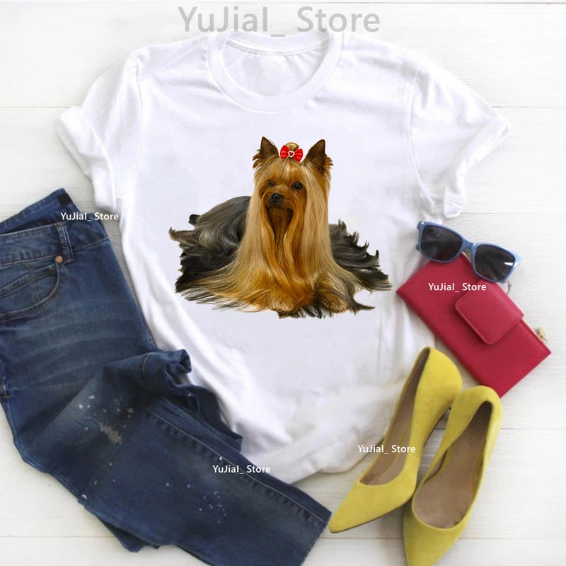New Summer Style Women's t-shirt cute Yorkshire terrier dog Animal Print T-Shirt Femme Harajuku Kawaii tshirt Fashion Women Tops