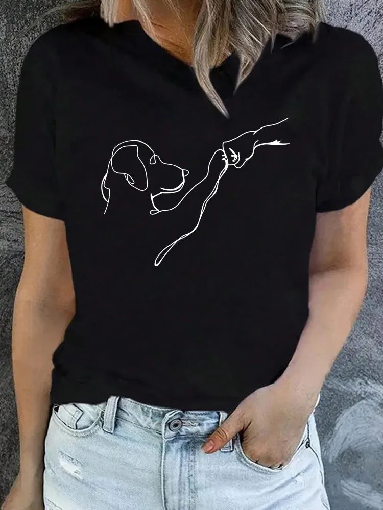 Dog and People Punch Hand Graphic Printed Women T-shirts Short Sleeve Crew Neck Casual Top for Summer Women's Clothes
