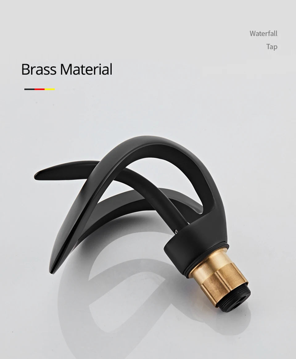 Creative Matte Golden Bathroom Basin Faucet Black Waterfall Vessel Sink Faucet Brass Vanity Sink Mixer Tap Hot Cold Basin Faucet