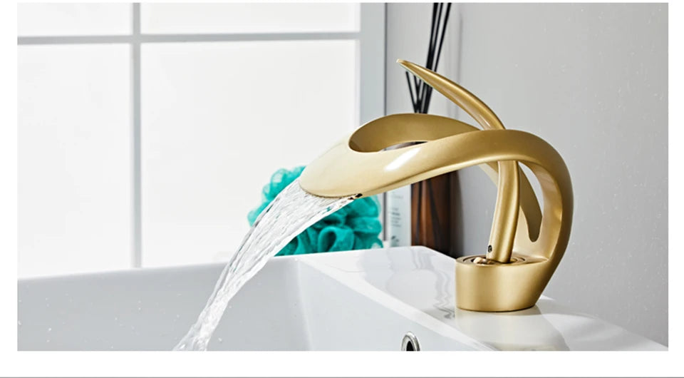 Creative Matte Golden Bathroom Basin Faucet Black Waterfall Vessel Sink Faucet Brass Vanity Sink Mixer Tap Hot Cold Basin Faucet