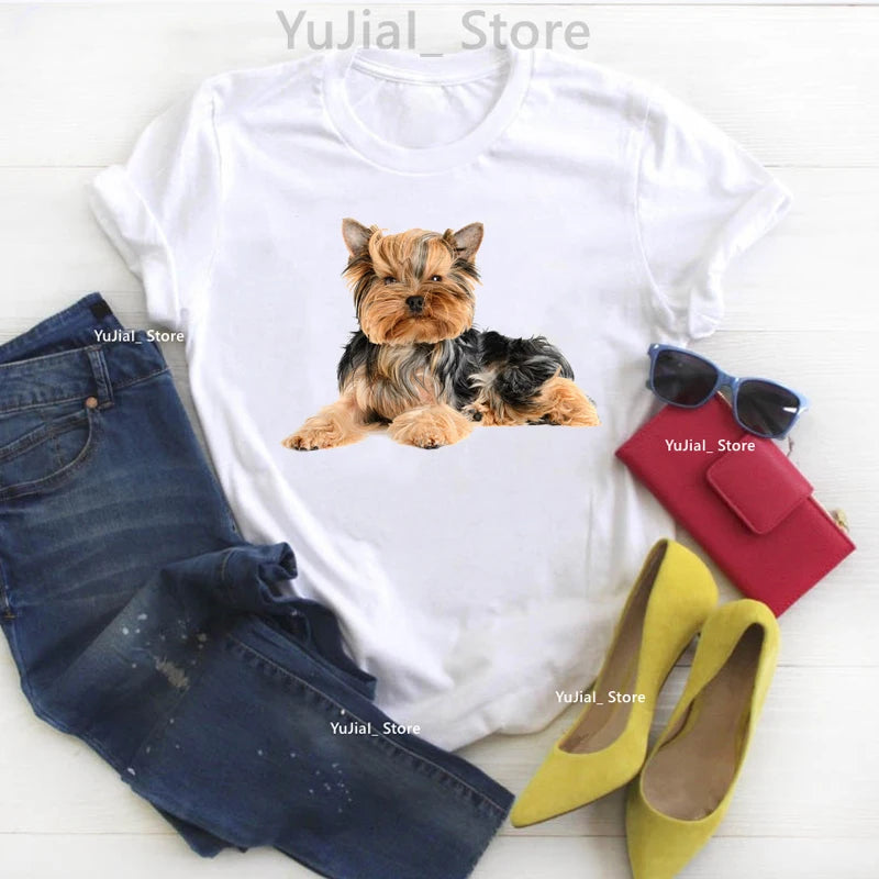 New Summer Style Women's t-shirt cute Yorkshire terrier dog Animal Print T-Shirt Femme Harajuku Kawaii tshirt Fashion Women Tops