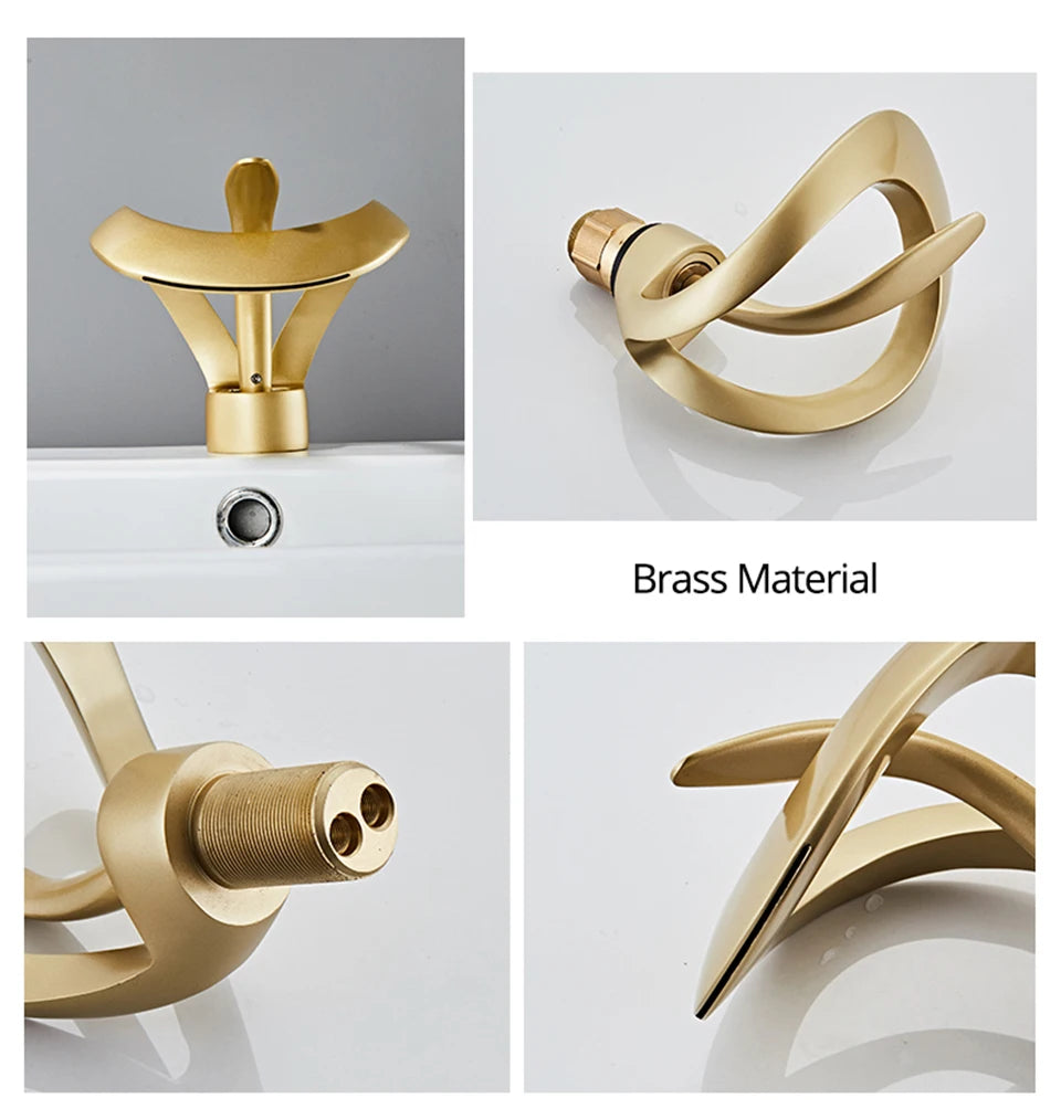 Creative Matte Golden Bathroom Basin Faucet Black Waterfall Vessel Sink Faucet Brass Vanity Sink Mixer Tap Hot Cold Basin Faucet