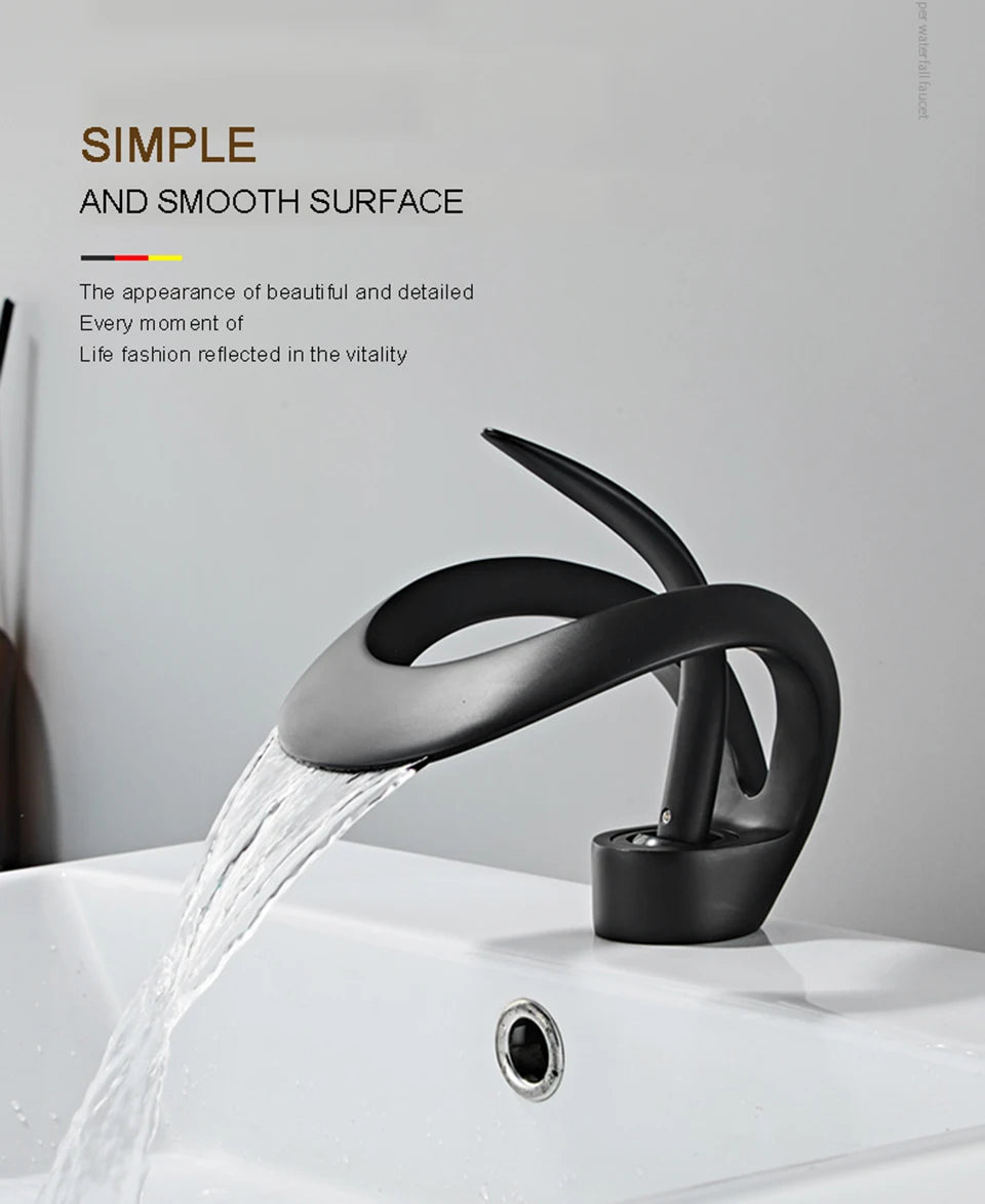 Creative Matte Golden Bathroom Basin Faucet Black Waterfall Vessel Sink Faucet Brass Vanity Sink Mixer Tap Hot Cold Basin Faucet