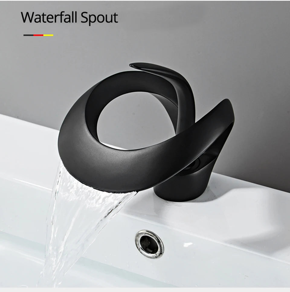 Creative Matte Golden Bathroom Basin Faucet Black Waterfall Vessel Sink Faucet Brass Vanity Sink Mixer Tap Hot Cold Basin Faucet