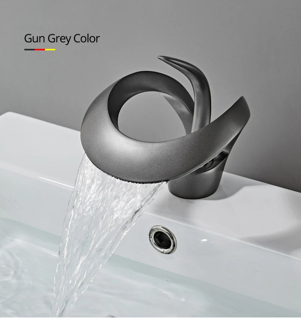 Creative Matte Golden Bathroom Basin Faucet Black Waterfall Vessel Sink Faucet Brass Vanity Sink Mixer Tap Hot Cold Basin Faucet