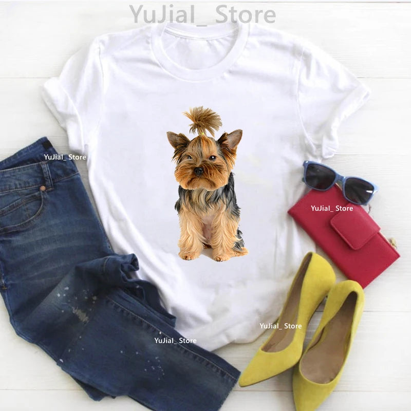 New Summer Style Women's t-shirt cute Yorkshire terrier dog Animal Print T-Shirt Femme Harajuku Kawaii tshirt Fashion Women Tops
