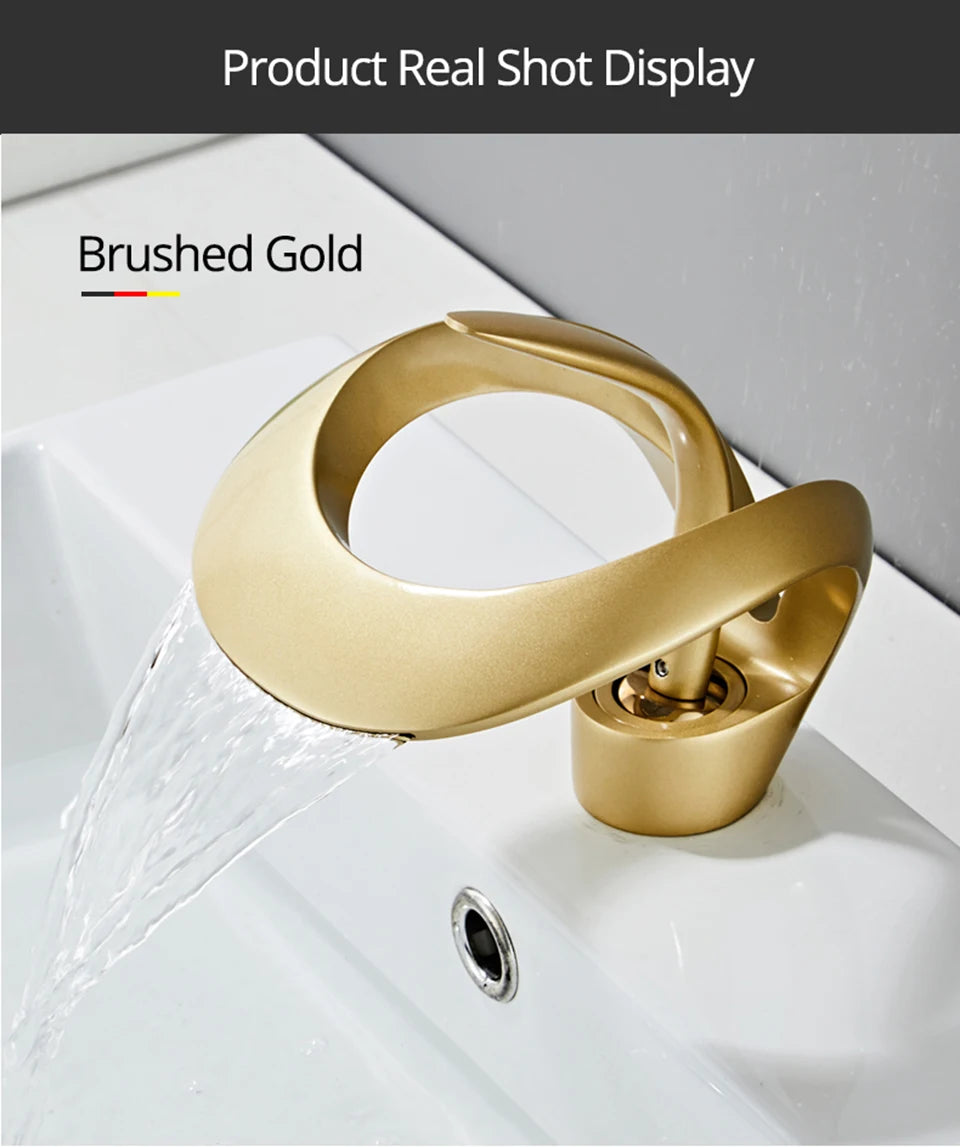 Creative Matte Golden Bathroom Basin Faucet Black Waterfall Vessel Sink Faucet Brass Vanity Sink Mixer Tap Hot Cold Basin Faucet