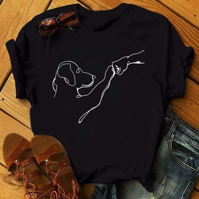 Dog and People Punch Hand Graphic Printed Women T-shirts Short Sleeve Crew Neck Casual Top for Summer Women's Clothes